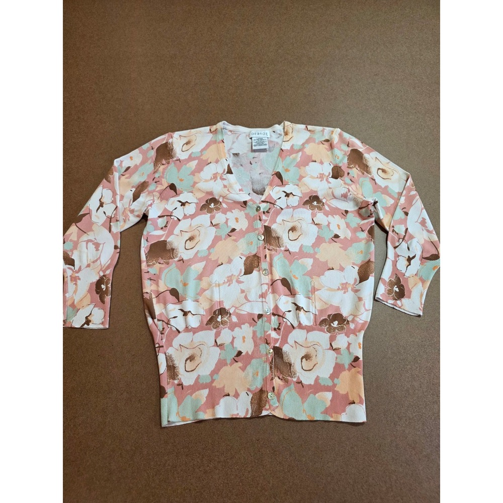 George Womens Floral Print V-Neck Cardigan Sweater Pink Green XS